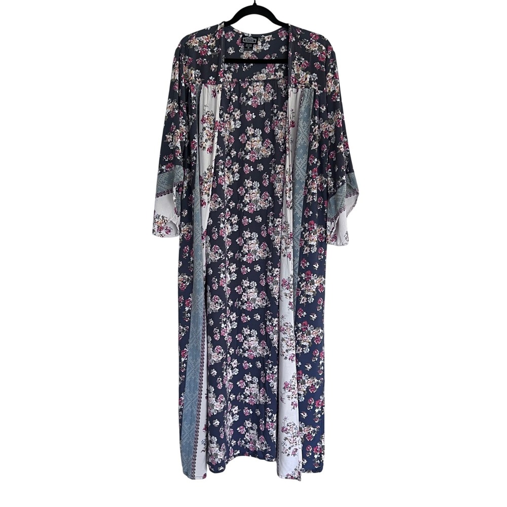 Floral Duster Kimono Womens Medium Mixed Boho‎ Patchwork Print Longline Slits - Picture 2 of 9